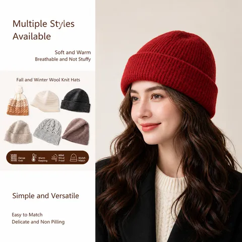100% Sheep Wool Knit Beanie For Women Soft Warm Winter Cable Knit Pom Pom Hat Double Layer Thick Ear Protection Skull Cap