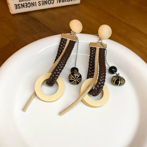 Pendientes de Borla de Concha Tejida de Ratán Bohemio Hechos a Mano para Mujer Pendientes Colgantes de Paja de Madera Geométricos Joyería de Playa de Vacaciones