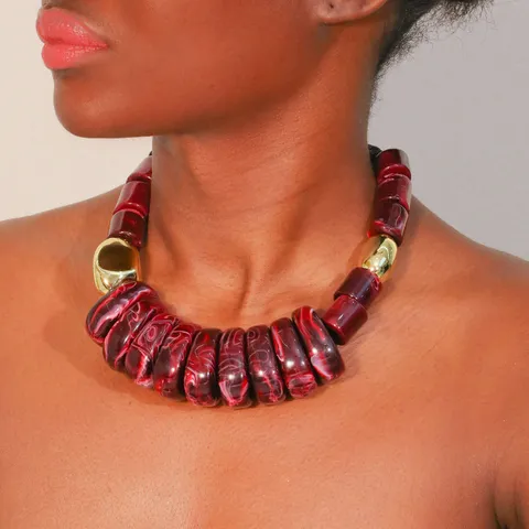 Oversized Western Style Resin Beaded Necklace For Women Fashion Chunky Stone Texture Collar Choker Handmade Jewelry Gift