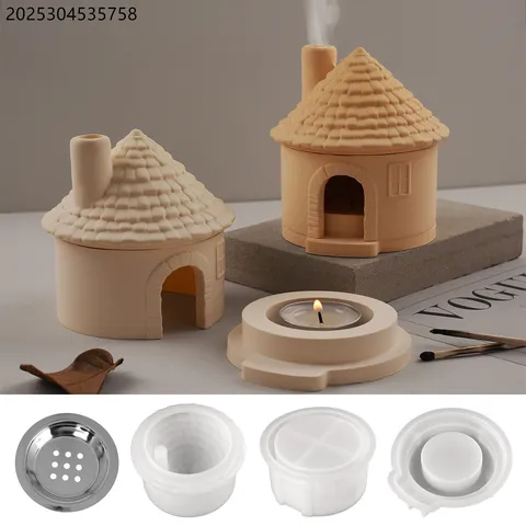 Moule en Silicone pour Bougeoir en Forme de Maison DIY Pot d'Aromathérapie Ciment Plâtre Résine Moule Artisanal Avec Grille Métallique Déco Maison