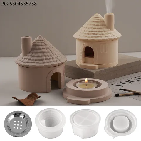 Moule en Silicone pour Bougeoir en Forme de Maison DIY Pot d'Aromathérapie Ciment Plâtre Résine Moule Artisanal Avec Grille Métallique Déco Maison