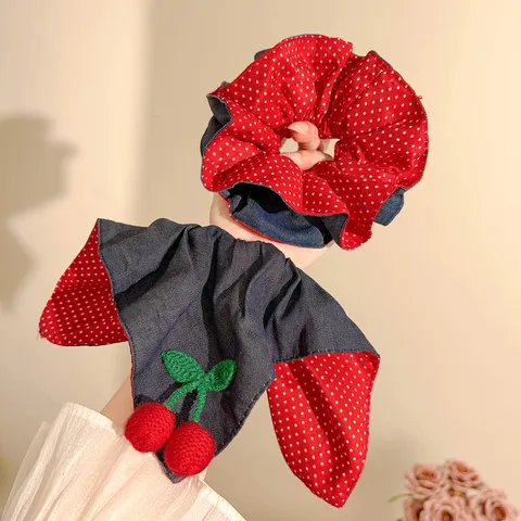 Sweet Korean Style Cloth Scrunchies Cherry Polka Dot Floral Plaid Hair Ties Denim Bowknot Hair Bands For Women Girls Hair Decor
