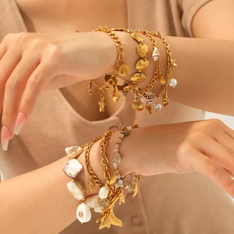 Luxury Stainless Steel Ocean Bracelet For Women Artificial Pearl Shell Starfish Sea Element Gold Plated Jewelry Beach Vacation Gift