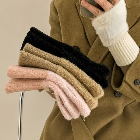 Dames Gebreide Vingerloze Handschoenen Winter Kunstbont Patchwork Warme Halve Vinger Handschoenen Zachte Effen Kleur Wantjes Mode Accessoire