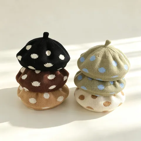 Toddler Kids Knitted Beret Hat Polka Dot Warm Winter Autumn Retro Painter Cap For Girls Boys