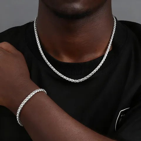 Men's Stainless Steel Dragon Bone Chain Necklace And Bracelet Set Simple Fashion Basket Chain Titanium Steel Jewelry For Unisex
