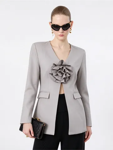 Elegant Women Cotton Blend 3D Flower Blazer Slim Fit Open Front Suit Jacket V-Neck Long Sleeve Outerwear For Autumn