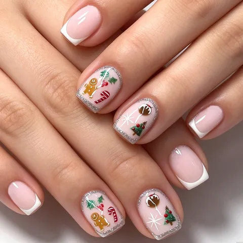 Uñas Postizas de Navidad Rosa French Tip Cortas Cuadradas Uñas Postizas Hombre de Jengibre Árbol Copo de Nieve Mujer