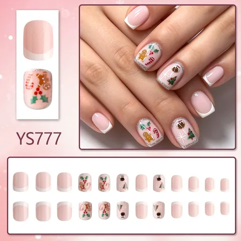 Uñas Postizas de Navidad Rosa French Tip Cortas Cuadradas Uñas Postizas Hombre de Jengibre Árbol Copo de Nieve Mujer