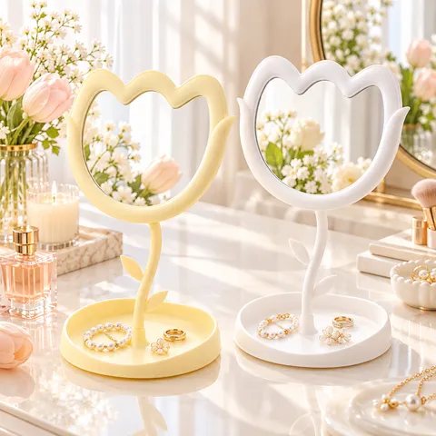 Espejo de Maquillaje de Escritorio con Forma de Tulipa Creativa con Base de Almacenamiento Espejo Cosmético de Plástico