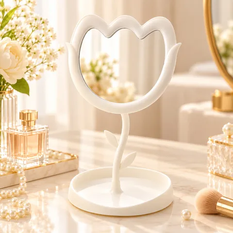 Espejo de Maquillaje de Escritorio con Forma de Tulipa Creativa con Base de Almacenamiento Espejo Cosmético de Plástico