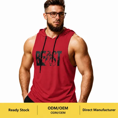 Débardeur de Gym à Capuche pour Hommes Sans Manches Slogan à Lettres Imprimé Animal Top Respirant Polyester Ourlet Arrondi Vêtement de Sport pour Fitness Entraînement