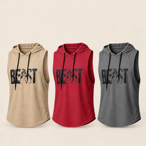 Men's Hooded Gym Vest Sleeveless Letter Slogan Animal Print Top Breathable Polyester Curved Hem Running Sportswear For Fitness Workout
