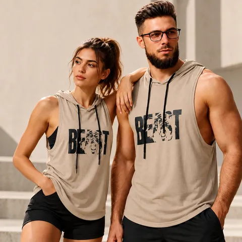 Débardeur de Gym à Capuche pour Hommes Sans Manches Slogan à Lettres Imprimé Animal Top Respirant Polyester Ourlet Arrondi Vêtement de Sport pour Fitness Entraînement