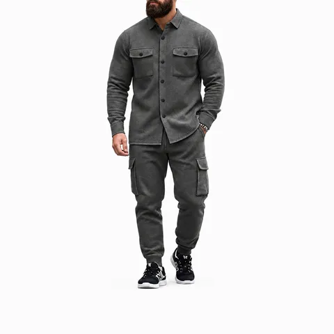 Ensemble Sweat-shirt Cargo Lourd Américain pour Hommes Veste à Boutons et Revers Pantalon Large Multi-poches Chaud Extérieur Top et Bottom