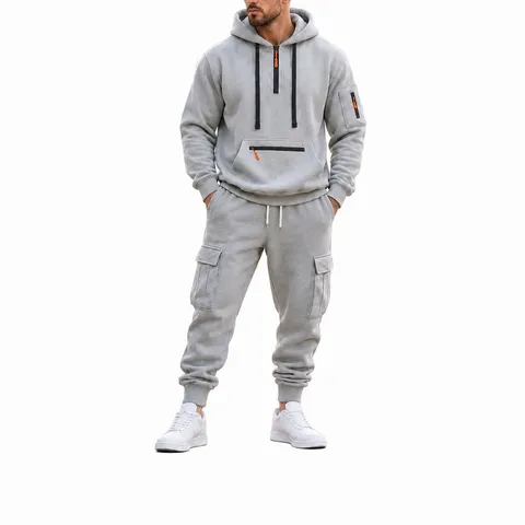 Survêtement Doublé Polaire d'Hiver pour Homme Sweat-shirt à Capuche et Pantalon Jogging Cargo Ensemble Deux Pièces Vêtement de Sport