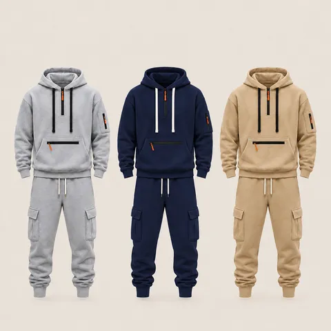 Survêtement Doublé Polaire d'Hiver pour Homme Sweat-shirt à Capuche et Pantalon Jogging Cargo Ensemble Deux Pièces Vêtement de Sport
