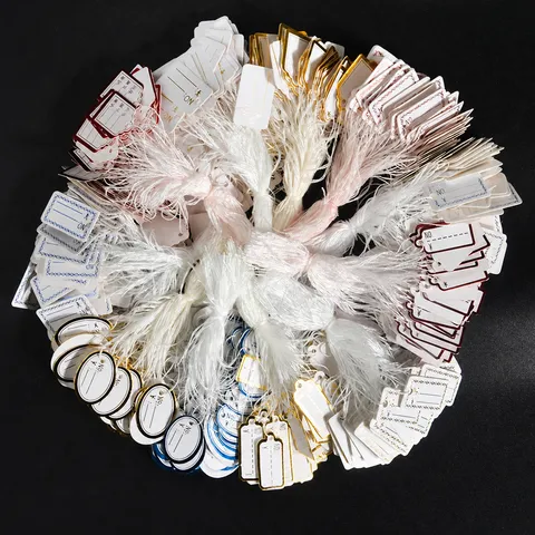 Jewelry Price Tags With String Handwritten Cardboard Labels For Necklace Earring Rings Jewelry Display Gilded Border Paper Hanging Tags