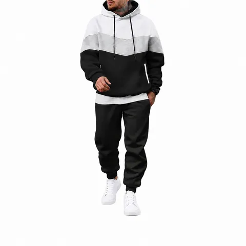 Survêtement à Capuche en Polaire pour Hommes Bloc de Couleur Patchwork Sweat-shirt et Pantalon de Jogging Décontracté Haut et Bas Tenue Chaude