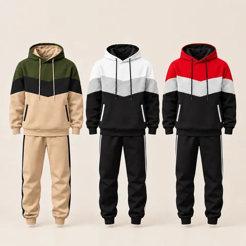 Survêtement à Capuche en Polaire pour Hommes Bloc de Couleur Patchwork Sweat-shirt et Pantalon de Jogging Décontracté Haut et Bas Tenue Chaude