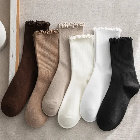 Women's Casual Lettuce Edge Ruffle Trim Crew Socks Ribbed Soft Breathable Slouch Socks Polyester Socks For Daily Wear