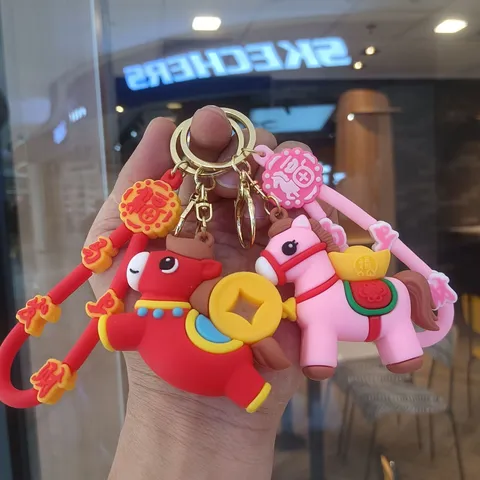 Cartoon Zodiac Horse Unicorn Keychain PVC Soft Glue Bag Pendant National Tide Animal Figure Key Ring Cute Couple Charm Gift For Bags Car Keys