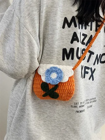 Handmade Crochet Mini Flower Shoulder Bag Sweet Cute Polyester Woven Crossbody Coin Purse For Kids Girls Daily Matching Gift