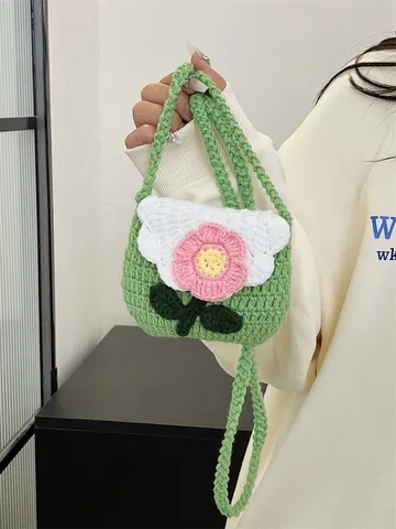 Handmade Crochet Mini Flower Shoulder Bag Sweet Cute Polyester Woven Crossbody Coin Purse For Kids Girls Daily Matching Gift