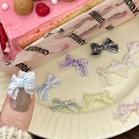Sweet Nail Art Decoration Fairy Lace Mesh Bow With Streamer Velvet 3D Bow Jewelry For Women Manicure DIY Accessories