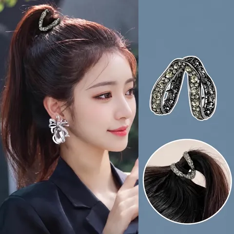 Élégante Pince à Cheveux en Forme de V avec Strass Support de Queue de Cheval Haute Alliage Spirale Accessoires de Coiffure Mode pour Femmes