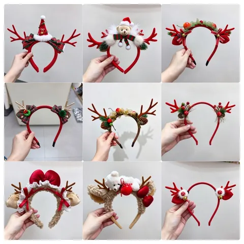 Christmas Reindeer Antlers Hair Clips Headbands Cute Bear Bowknot Bell Hair Accessories For Holiday Party Photography Props