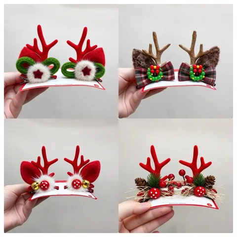 Christmas Reindeer Antlers Hair Clips Headbands Cute Bear Bowknot Bell Hair Accessories For Holiday Party Photography Props