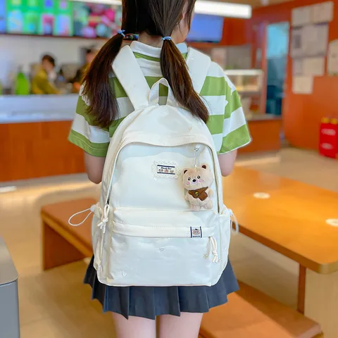 Sac à Dos Japonais en Nylon Avec Broderie Cœur et Ours Pour Élèves du Secondaire Sac d'École de Style Preppy Mignon Pour Filles Voyage