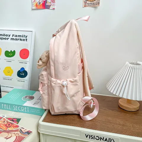 Sac à Dos Japonais en Nylon Avec Broderie Cœur et Ours Pour Élèves du Secondaire Sac d'École de Style Preppy Mignon Pour Filles Voyage