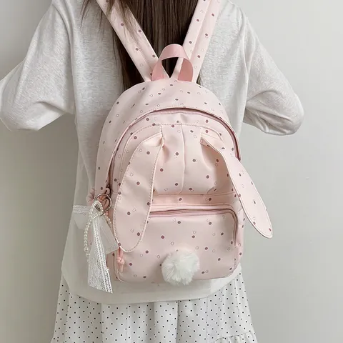 Sac à Dos en Nylon Imprimé Pois et Cœurs avec Oreilles de Lapin Style Preppy Grande Capacité Sac d'École pour Filles Sac de Voyage Léger Étudiant