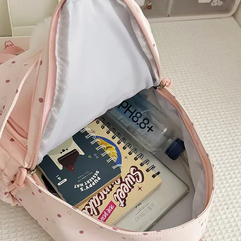 Sac à Dos en Nylon Imprimé Pois et Cœurs avec Oreilles de Lapin Style Preppy Grande Capacité Sac d'École pour Filles Sac de Voyage Léger Étudiant