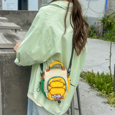 Sac Bandoulière Tendance en Nylon pour Enfants Couleur Contrastée Avec Cordon de Serrage Bandoulière Réglable Petit Sac à Main Garçons Filles