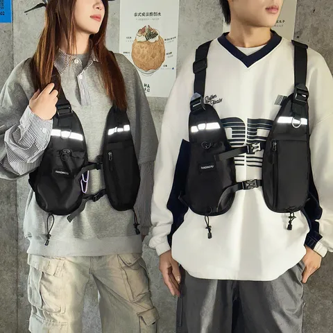 Men Tactical Vest Backpack Nylon Reflective Chest Rig Outdoor Cycling Sports Functional Bag Retro Style Shoulder Crossbody Bag