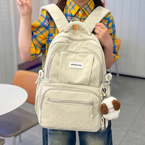 Sac à Dos Doux Style Coréen à Pois Grande Capacité Sac d'École Léger pour Filles Sac à Dos de Voyage Frais Polyvalent en Nylon avec Pendentif en Peluche
