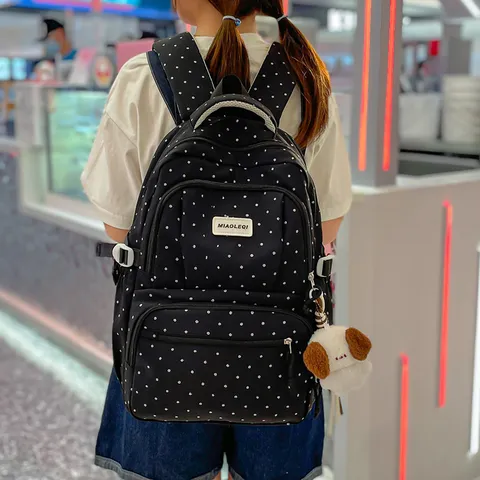 Sac à Dos Doux Style Coréen à Pois Grande Capacité Sac d'École Léger pour Filles Sac à Dos de Voyage Frais Polyvalent en Nylon avec Pendentif en Peluche