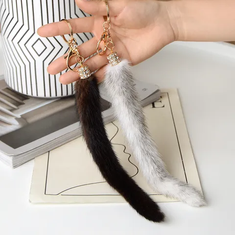 Portachiavi a Forma di Coda di Pelliccia di Visone di Moda per Donna Uomo Charm per Borsa Perno in Metallo con Strass Pendente per Auto Accessorio Portachiavi