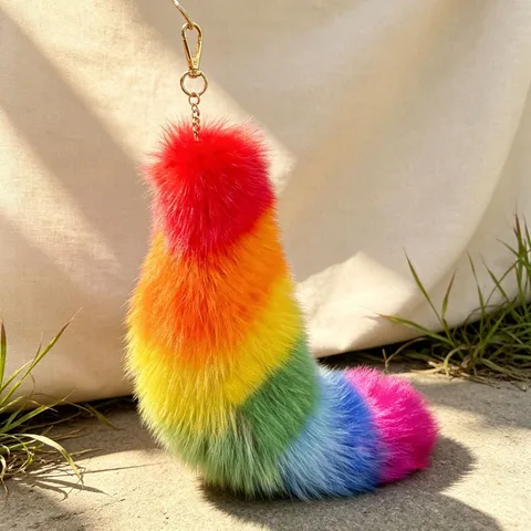 Rainbow Real Fox Fur Tail Keychain Pendant Plush Bag Charm Gradient Colored Furry Accessory For Women Backpack Car Key Decor