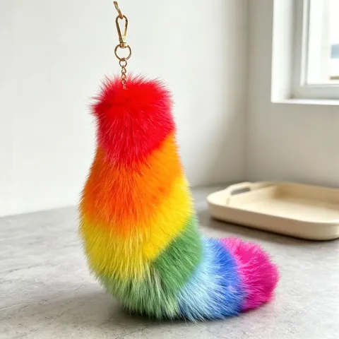 Rainbow Real Fox Fur Tail Keychain Pendant Plush Bag Charm Gradient Colored Furry Accessory For Women Backpack Car Key Decor