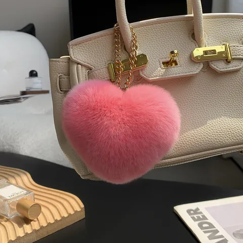 Lindo Llavero de Piel de Conejo Rex con Forma de Corazón Accesorio para Bolso Mujer Piel Real Suave Cadena Chapada en Oro Regalo Decoración