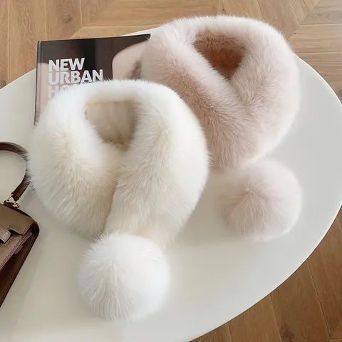 Warm Silk Wool Scarf For Women Korean Style Winter Fur Neck Warmer With Magnetic Buckle And Pom Pom Decoration Fashion Solid Color Neck Guard