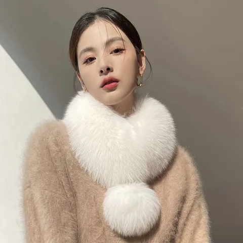 Warm Silk Wool Scarf For Women Korean Style Winter Fur Neck Warmer With Magnetic Buckle And Pom Pom Decoration Fashion Solid Color Neck Guard