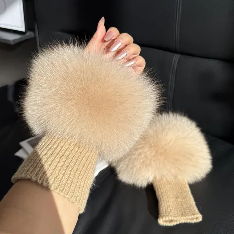 Real Fox Fur Cuffs For Women Winter Coat Accessory Warm Plush Wrist Warmers Ribbed Knit Cuffs Solid Color Winter Fashion Hand Accessory