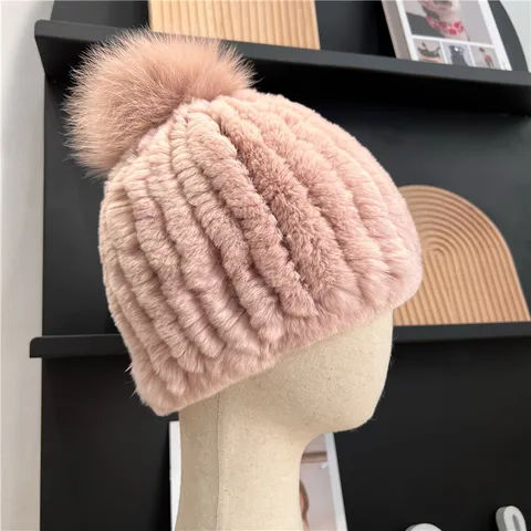 Women Rex Rabbit Fur Knitted Beanie Hat With Fox Fur Ball Winter Warm Braided Crochet Ear Protection Fur Hat Casual Outdoor Cap
