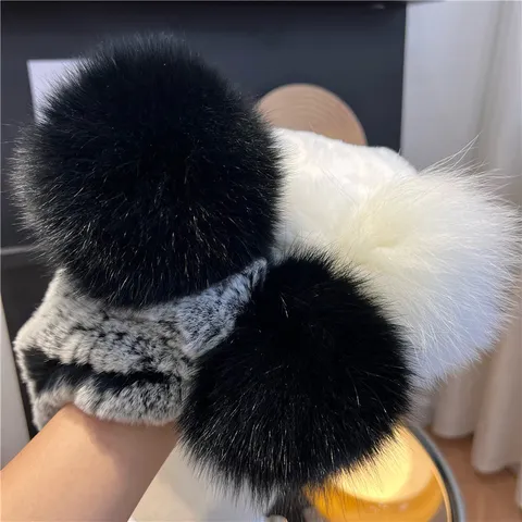 Women Rex Rabbit Fur Knitted Beanie Hat With Fox Fur Ball Winter Warm Braided Crochet Ear Protection Fur Hat Casual Outdoor Cap