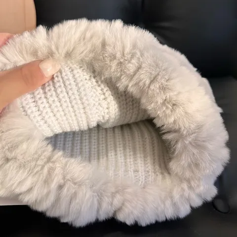 Women Real Rabbit Fur Beanie Hat With Fox Fur Pom Pom Winter Thick Warm Ear Protection Knitted Skull Cap Thermal Cap